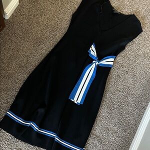 A Pea in the Pod Black Midi Dress with Blue and White Stripe Tie